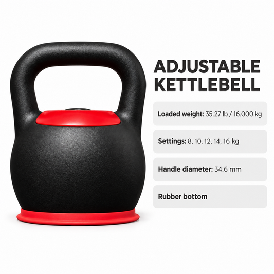 Adjustable Kettlebell, 8–16 kg, Five Settings, Black and Red