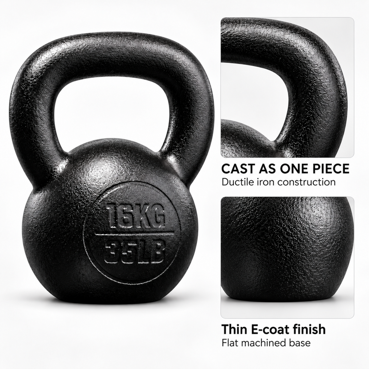 Ductile Iron Kettlebell, 16 kg, Black E-Coat Finish