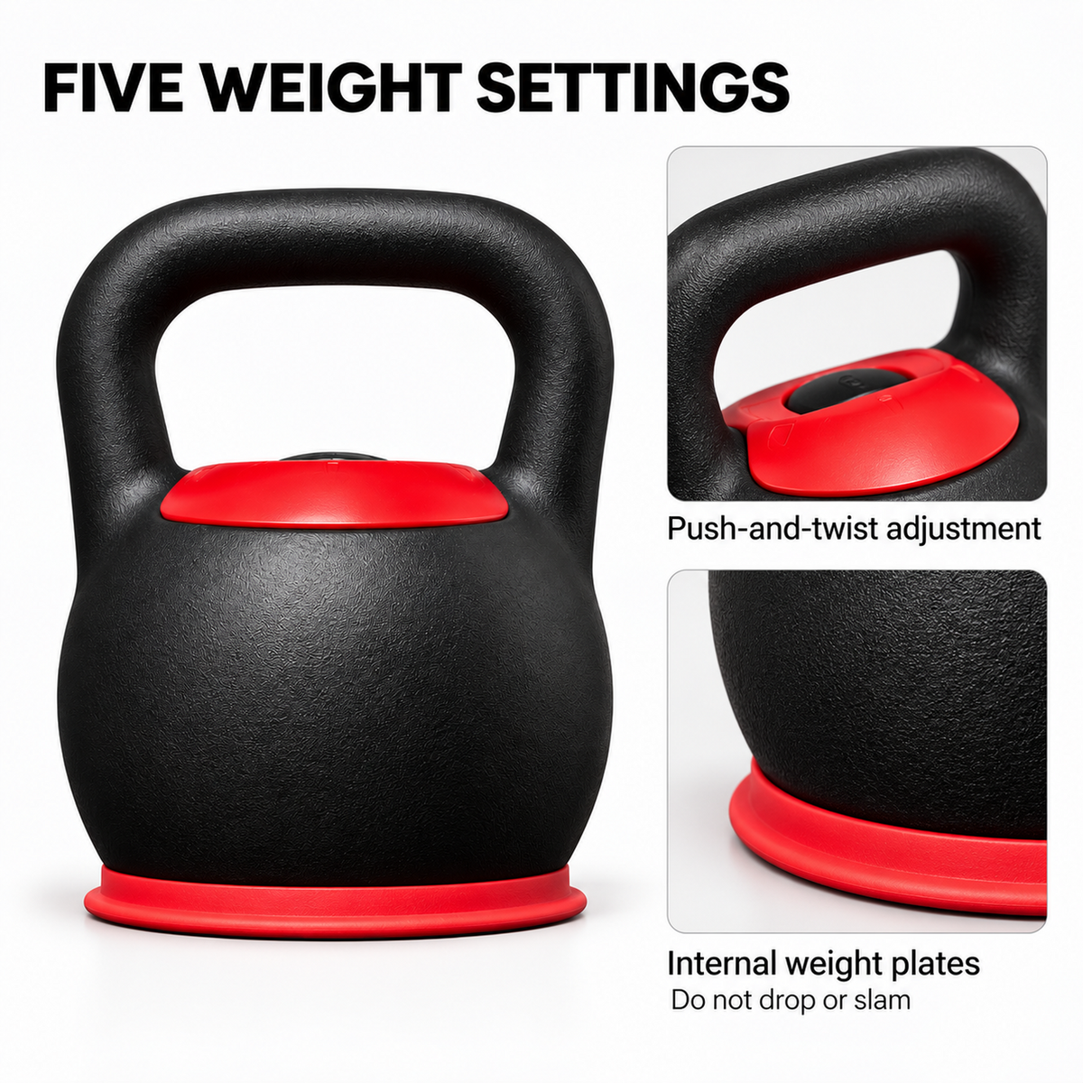 Adjustable Kettlebell, 8–16 kg, Five Settings, Black and Red
