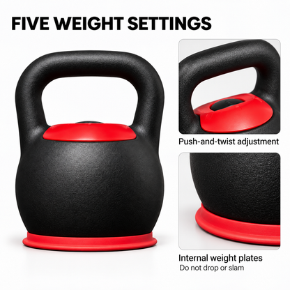 Adjustable Kettlebell, 8–16 kg, Five Settings, Black and Red