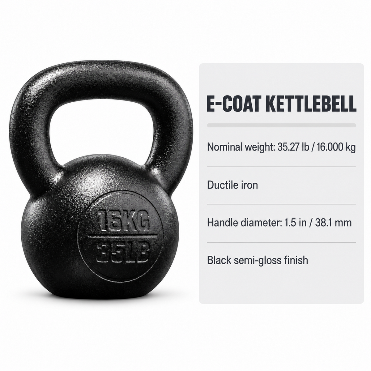 Ductile Iron Kettlebell, 16 kg, Black E-Coat Finish